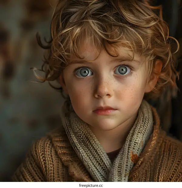 Portrait of a boy with curly blond hair and blue eyes