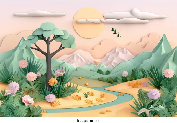 A beautiful 3D landscape with a river, mountains, trees, and flowers