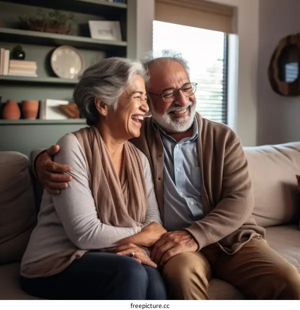 An elderly couple is sitting on a couch and smiling.