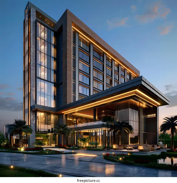 Modern hotel with palm trees