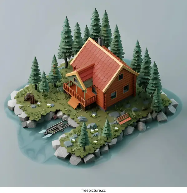 Low Poly Cabin in Forest with River