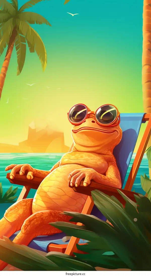 A Frog Wearing Sunglasses Relaxes in a Beach Chair