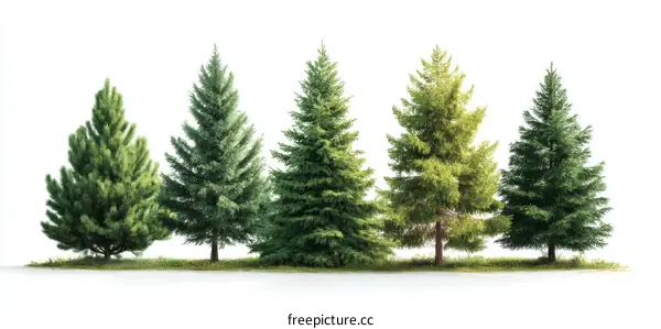Row of Evergreen Coniferous Trees Isolated on White Background
