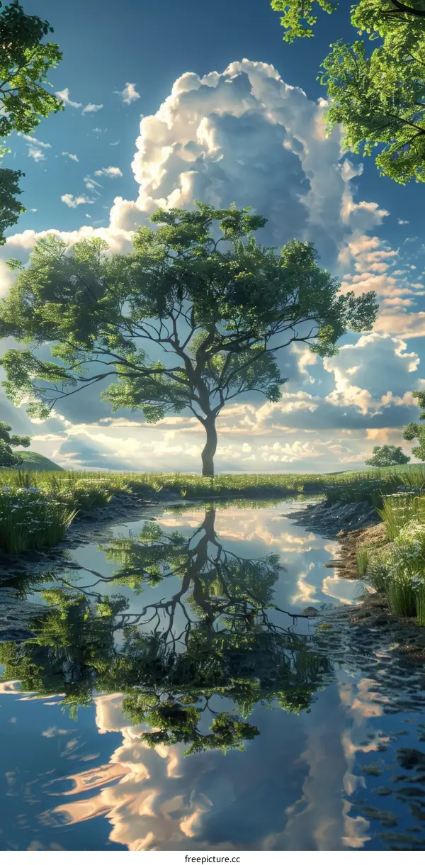 Tranquil Waters Reflected under Lush Tree and Blue Sky