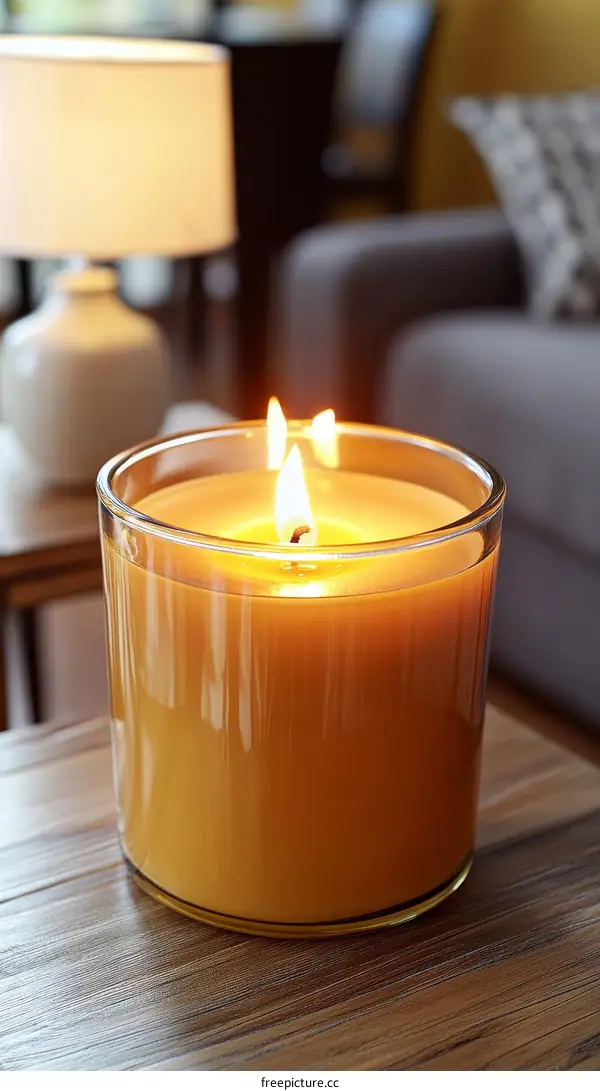 Scented Candle on a Wooden Table in a Cozy Living Room