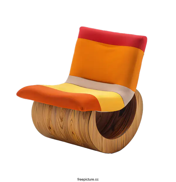 [Transparent Background PNG]Modern Wooden Rocking Chair with Striped Fabric Upholstery