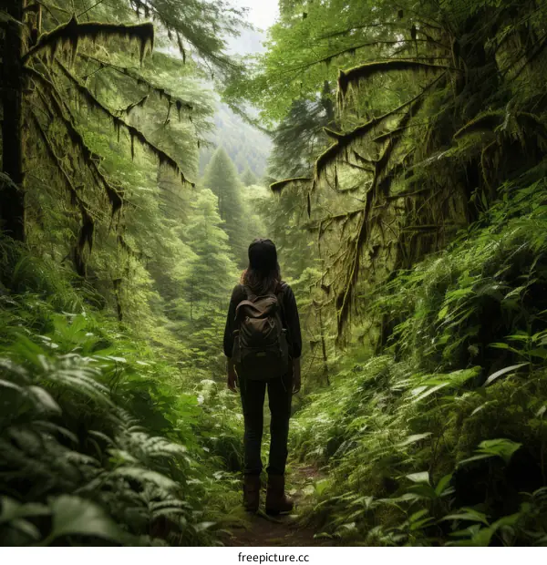 A woman hiking in a lush green forest