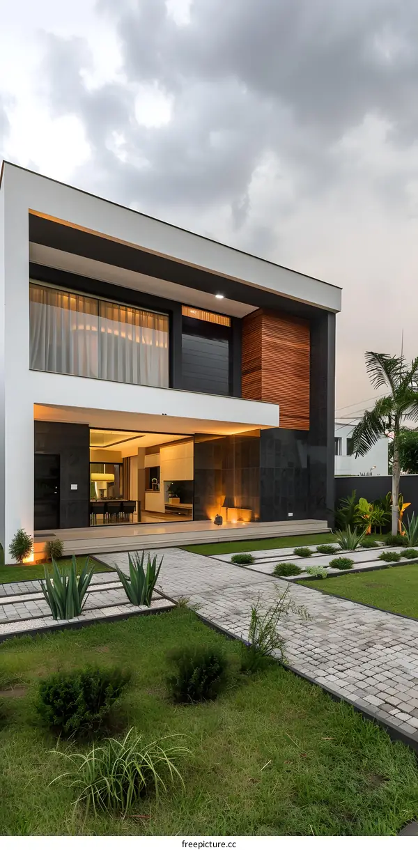 Modern House with Black and White Exterior and Green Lawn