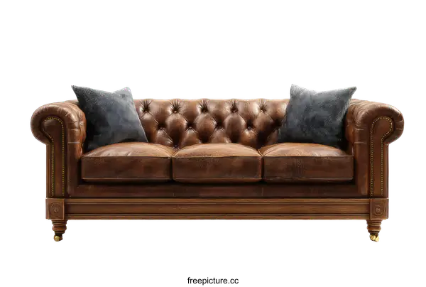 [Transparent Background PNG]Classic Brown Leather Chesterfield Sofa