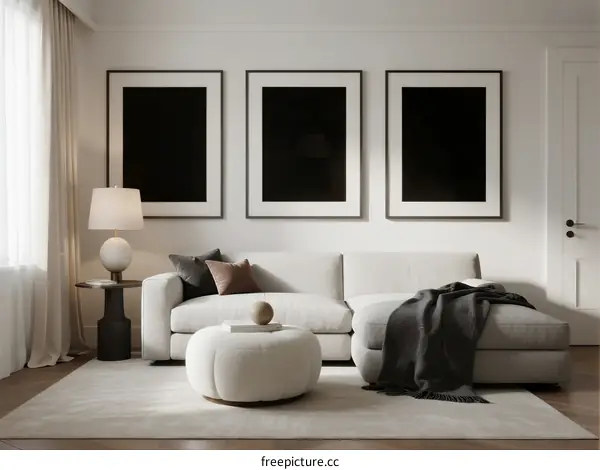Minimalist Living Room with Three Framed Artworks and Soft Decor