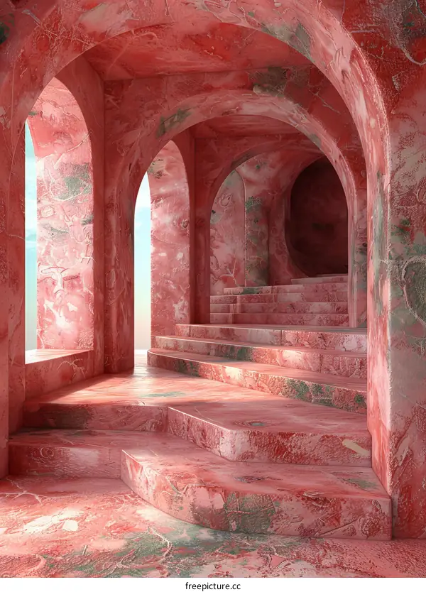 Pink Surreal Archway and Stairs in Futuristic Digital Space