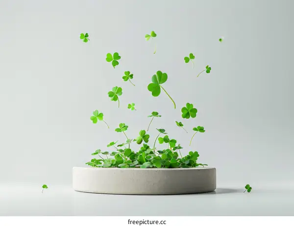 Green clovers floating up from a concrete podium against a white background