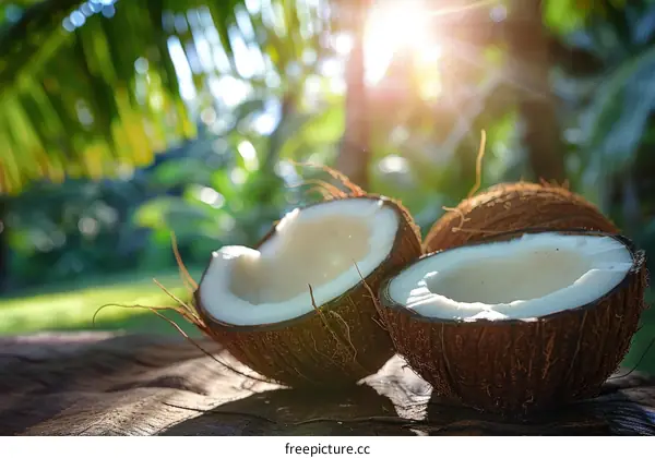 Two halves of a coconut on a wooden table with palm trees in the background