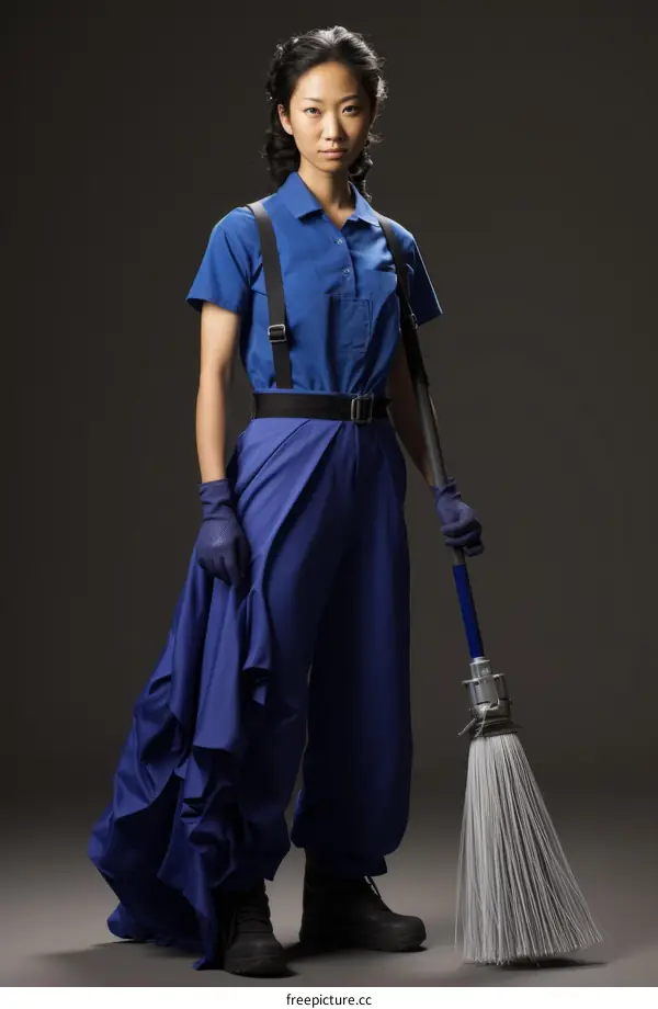 A woman in a blue uniform is holding a broom.