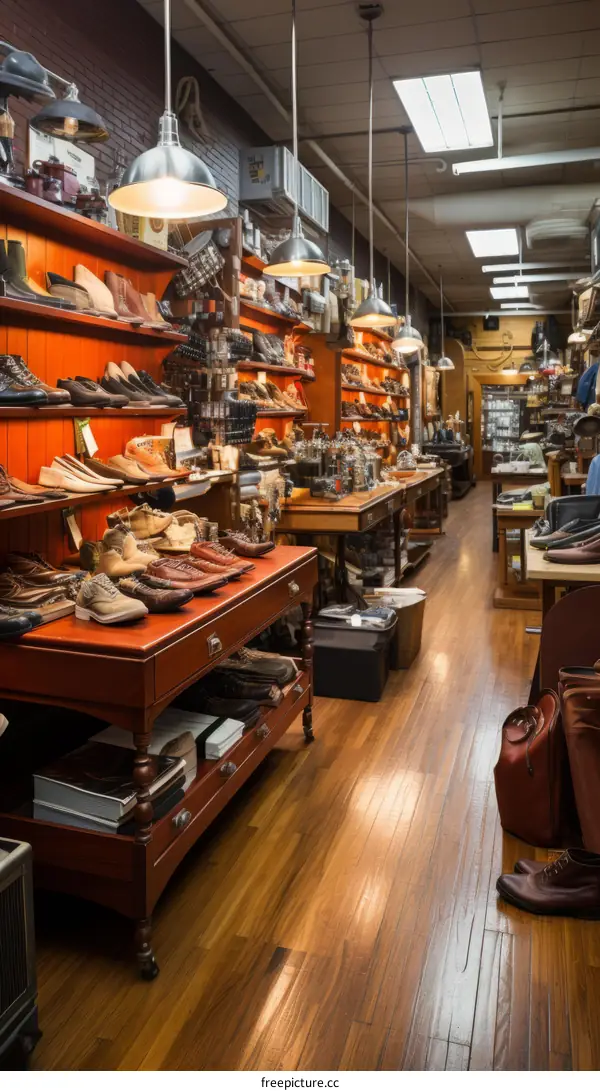 Inside a Traditional Shoe Store with Wooden Shelves and a Wooden Floor