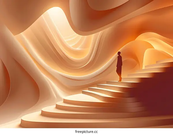 A person standing on a staircase with a light at the end of it