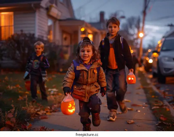 Three kids walking down the sidewalk on Halloween night