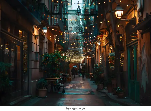 Cozy Street With String Lights In The Evening