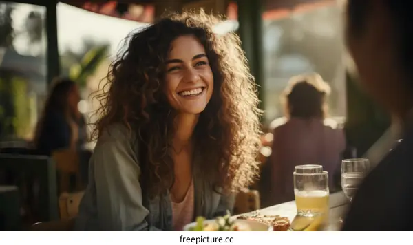 A young woman with curly hair is smiling while sitting at a table in a restaurant with two other people in the background