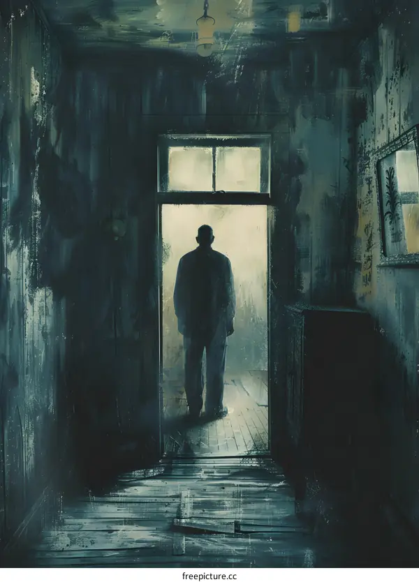 A dark figure stands in a doorway, with light coming in from outside.