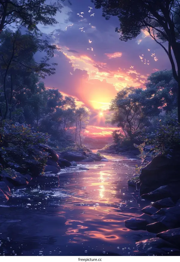 Beautiful River Sunset with Towering Trees