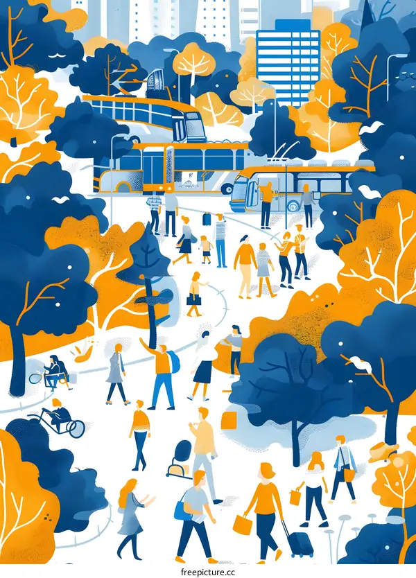 People Walking Through Park With Buses