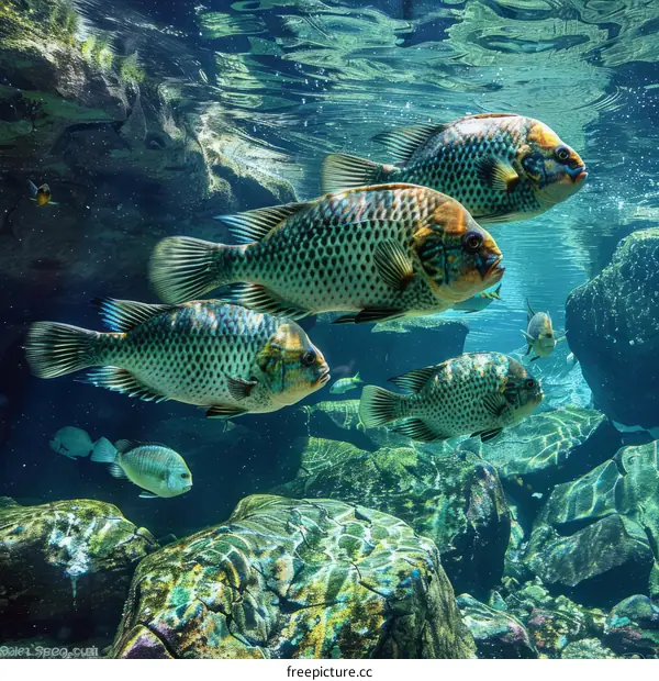 A group of fish swim in a large aquarium