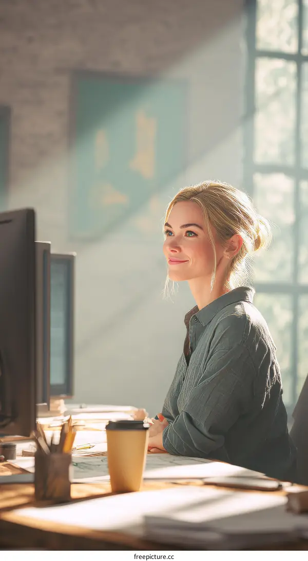 Woman Working at a Wooden Desk in a Modern Office
