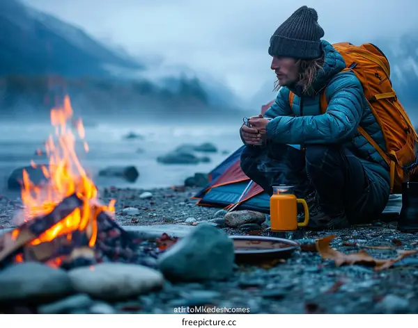 Man camping alone near the river in the mountains