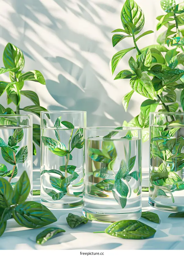 Green Leaves in Glass of Water