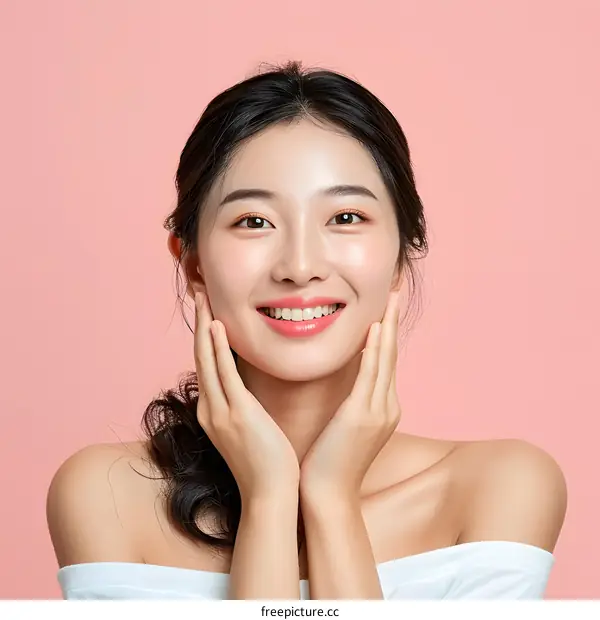 Beautiful Asian Woman Smiling with Hands on Cheeks Against Pink Background