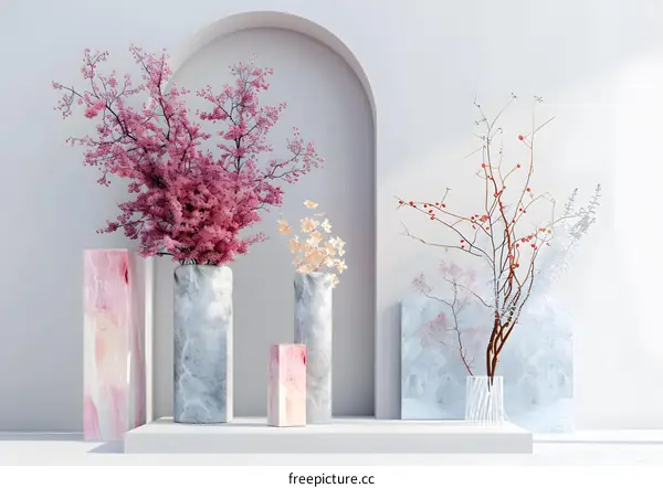 Minimalist Interior Design with Pink Flowers and Marble Vases