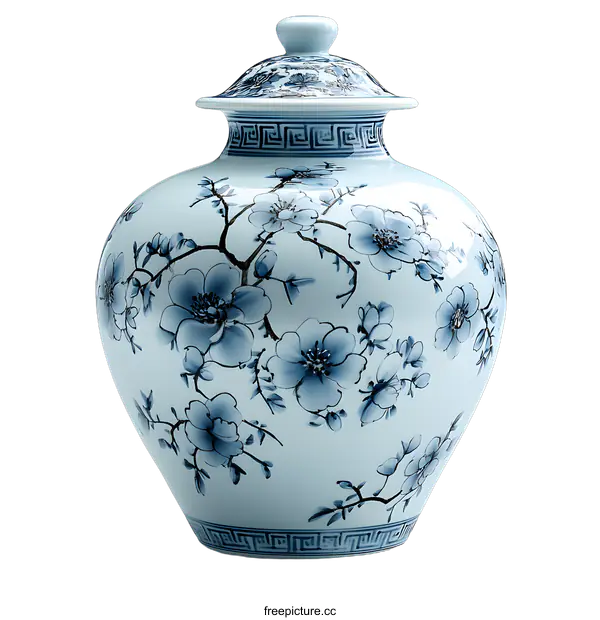 [Transparent Background PNG]Blue and White Porcelain Vase with Floral Design