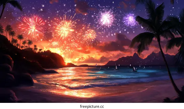 Tropical Island Fireworks Celebration at Sunset