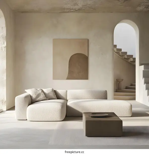 Modern Minimalist Living Room Interior Design with Beige Sofa and Abstract Artwork