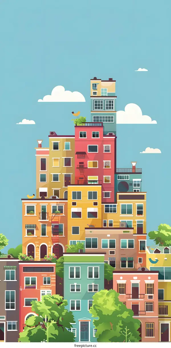 Colorful Illustration of City Buildings with Green Trees and Blue Sky