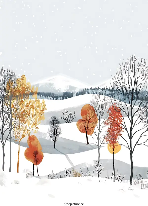 Winter Landscape with Snowy Hills and Trees