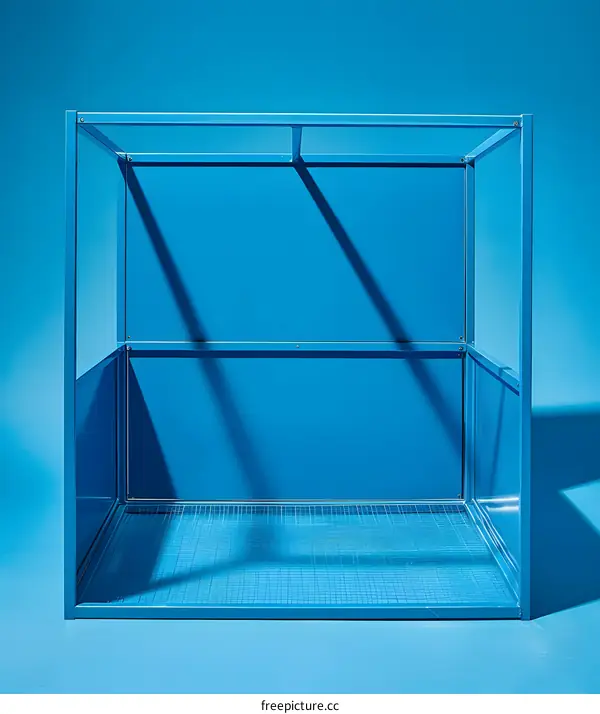 Blue Metal Cage with Grid Floor on Blue Background