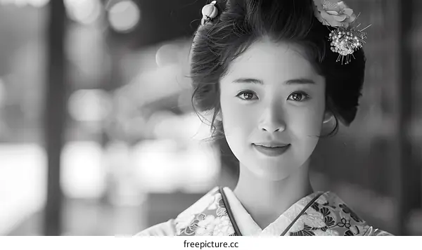 Portrait of a young Japanese woman in traditional kimono