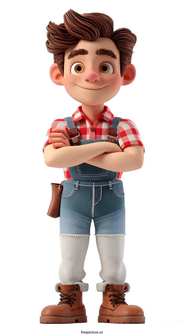 [Transparent Background PNG]Cheerful 3D cartoon character of a farmer boy with crossed arms