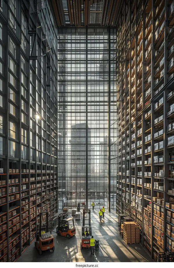 Logistics center with high shelves and workers
