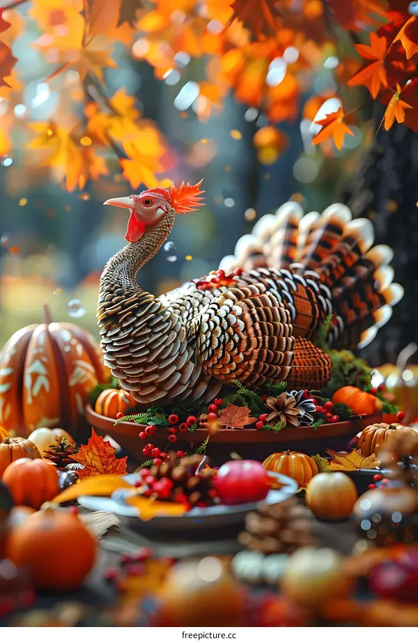 A Thanksgiving turkey sits on a table surrounded by pumpkins and gourds.