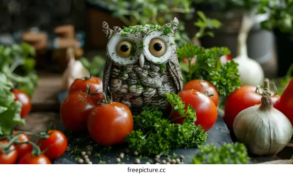 A ceramic owl sits among red tomatoes and parsley