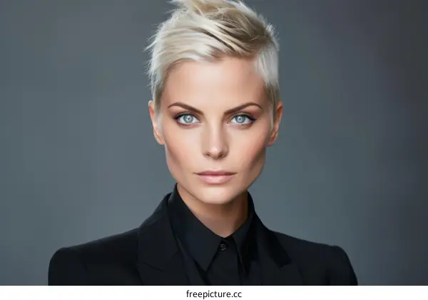 A blonde woman with short hair and blue eyes is wearing a black suit and white shirt.