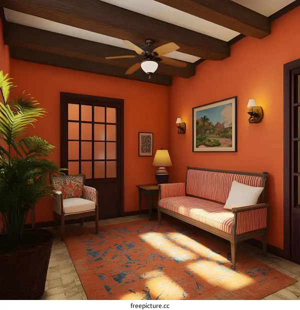 Orange Wall Living Room with Wooden Beams and Ceiling Fan