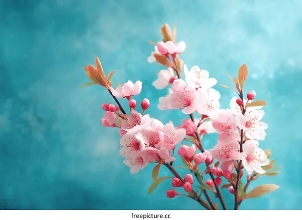Beautiful Spring Cherry Blossoms Against Teal Background
