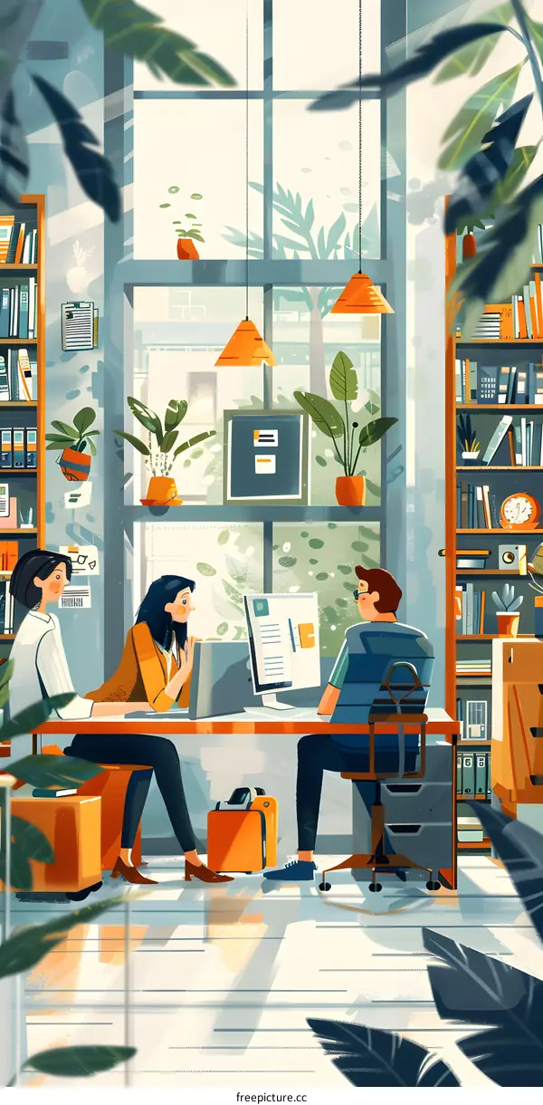 Three people in an office are discussing something.