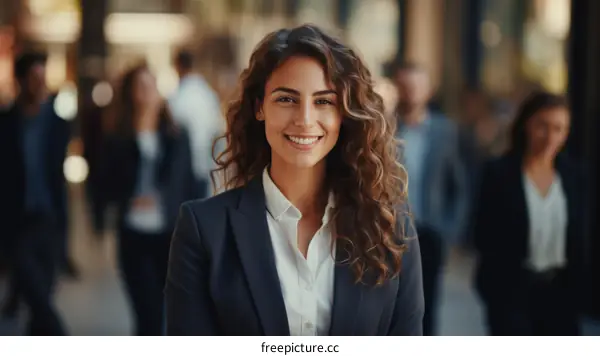 Confident young businesswoman standing in a busy city street