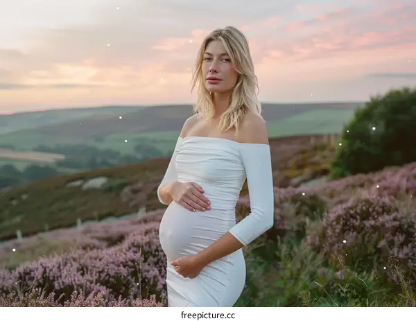Portrait of a Pregnant Woman in a Field of Purple Flowers