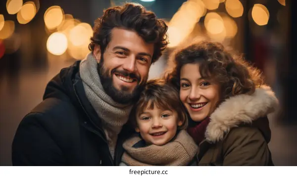 Happy family of three smiling together during winter holidays